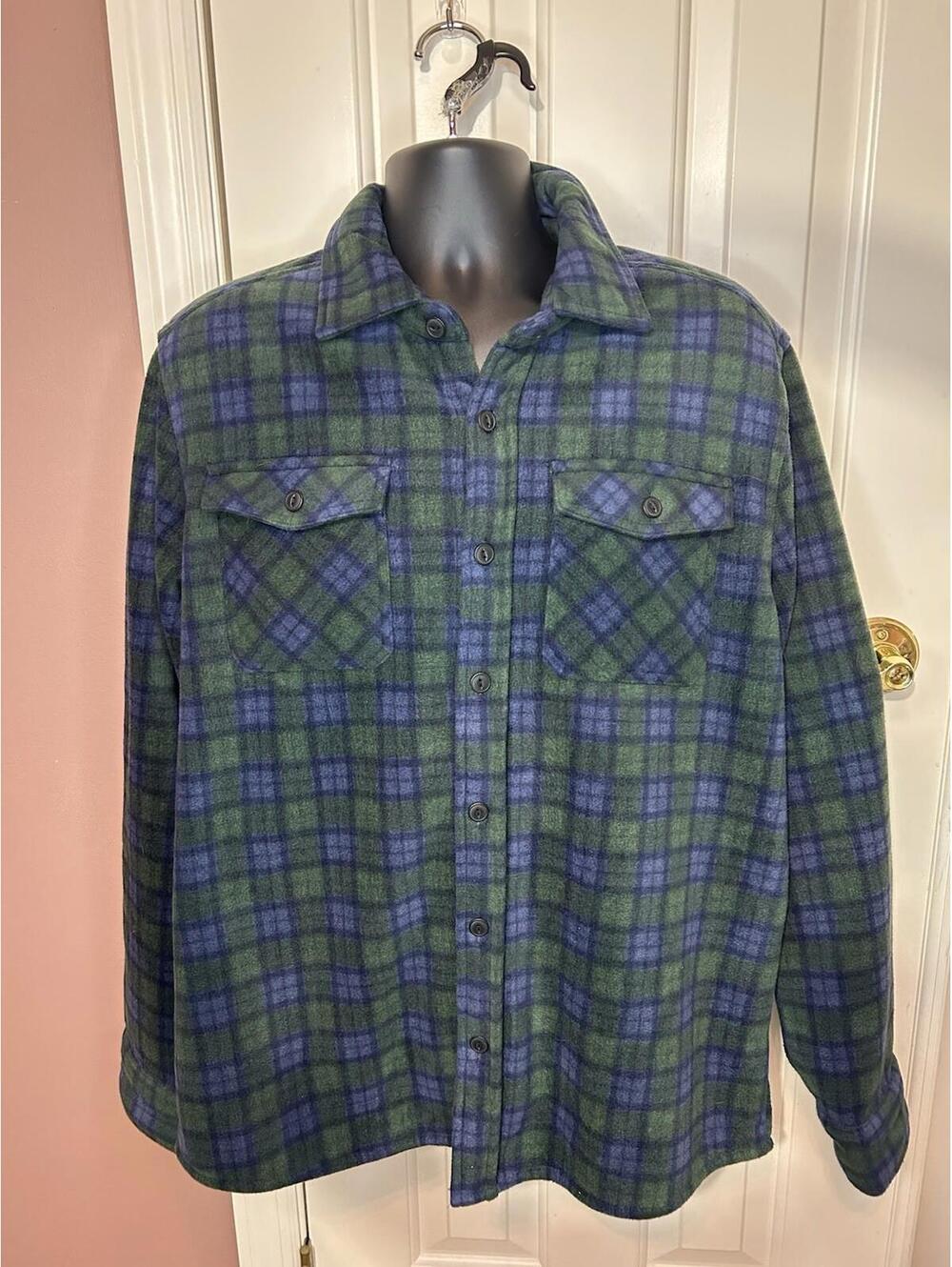 Berkley Jensen Sherpa Lined Flannel Shirt Jacket Mens Large Green Blue Plaid